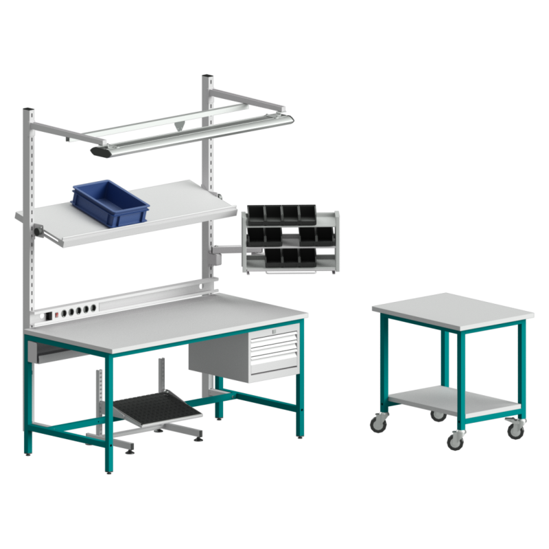 ESD Arbeitsplatz BASIC mit Schubkastenblock und Beistellwagen