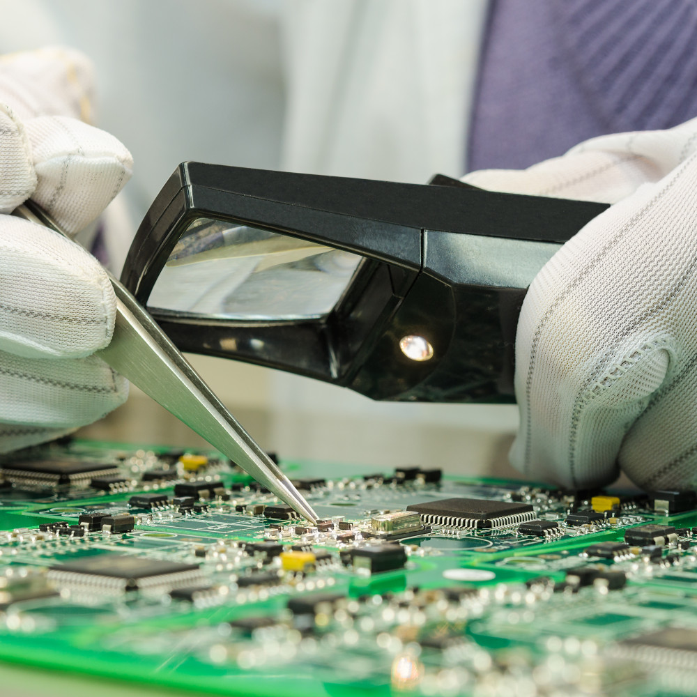 An einer Leiterplatte werden feinmotorische Arbeiten durchgeführt.