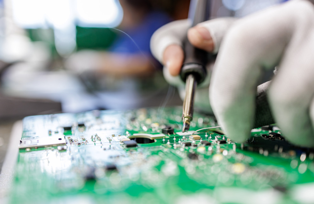 An einer elektronischen Platine werden manuell kleine Reparaturen mittels Löten durchgeführt.