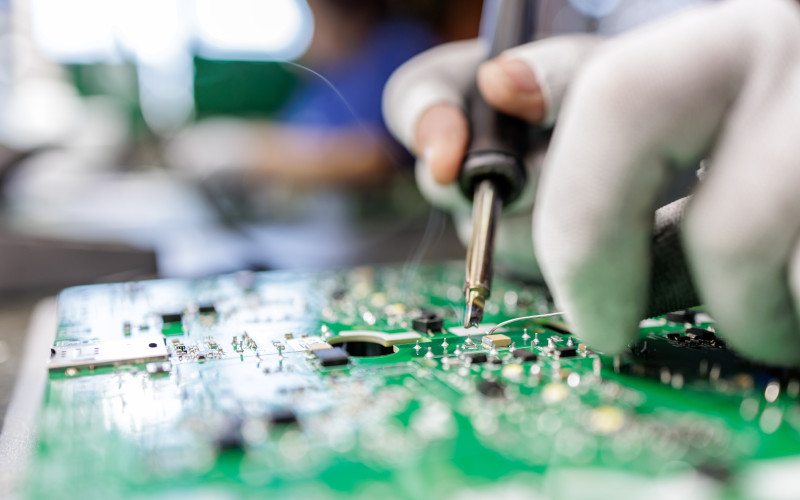 An einer elektronischen Platine werden manuell kleine Reparaturen mittels Löten durchgeführt.