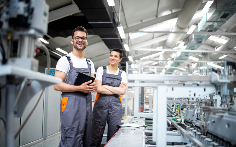 Ein Mann und eine Frau stehen vor einer industriellen Packmaschine und kontrollieren den Prozess.