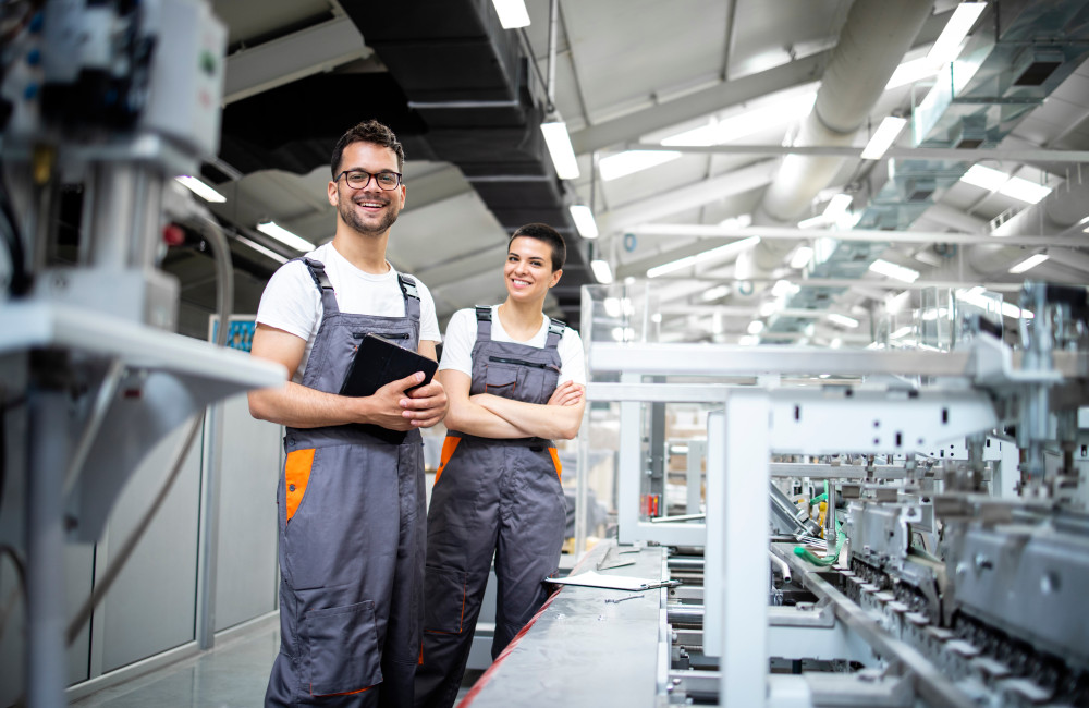 Ein Mann und eine Frau stehen vor einer industriellen Packmaschine und kontrollieren den Prozess.